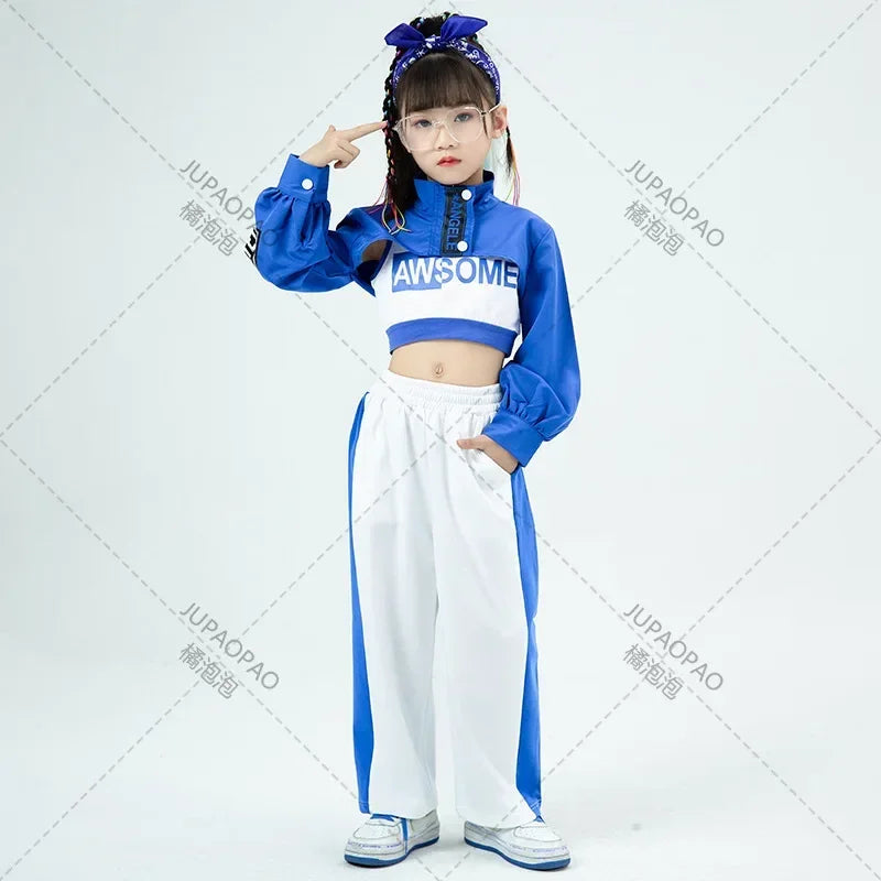 Girls Hip Hop Crop Jacket Solid Cargo Pants Clothes Set Kids Jazz T-shirt Street Dance Contrast Joggers Child Streetwear Outfits