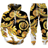 Spring Autumn  Golden Floral 3D Printed Hoodie/Tracksuit Casual Sweatshirt and Trousers Set Fashion Men Women Sports Suit