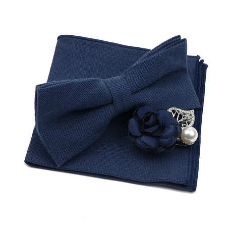 Solid Color Mens Bowtie Brooch Set 100% Cotton Pink Blue Bow Tie Flower Lapel Pin Romantic Wedding Party Suit Shirt Accessories