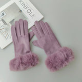 Female Faux Rabit Fur Suede Leather Touch Screen Driving Glove Winter Warm Plush Thick Embroidery Full Finger Cycling Mitten H92