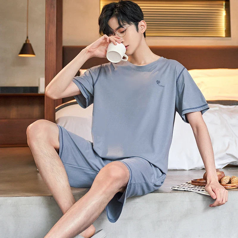 Cartoon Mens Nightwear Summer Comfortable Sleepwear Sleeping Tops Shorts 2 Pieces Pijamas Set Man Leisure Homewear Male Dropship