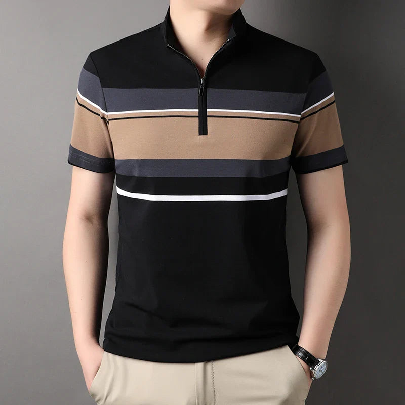 Top Grade Yarn-dyed Process Cotton Zipper New Summer Brand Striped Polo Shirt Short Sleeve Casual Tops Fashions Clothes Men