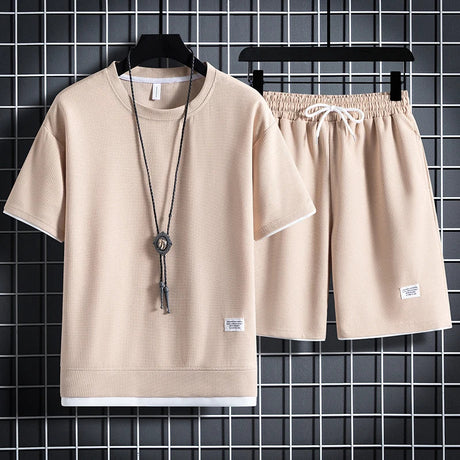 2023 Summer Men's Waffle Sets Casual T-Shirt And Shorts Set Male Sports Suit Solid Color Tracksuit Loose Suits Size 3XL