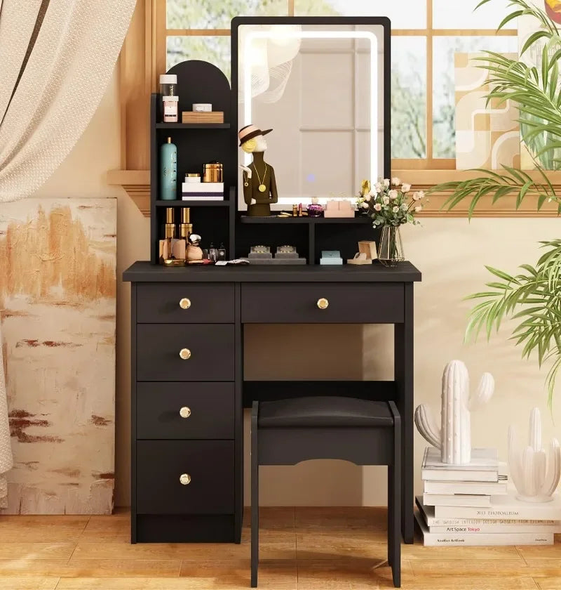 Makeup Vanity Set with Drawer and Shelf, Wood Dressing Table with Lighted Screen Mirror