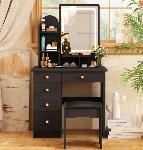 Makeup Vanity Set with Drawer and Shelf, Wood Dressing Table with Lighted Screen Mirror