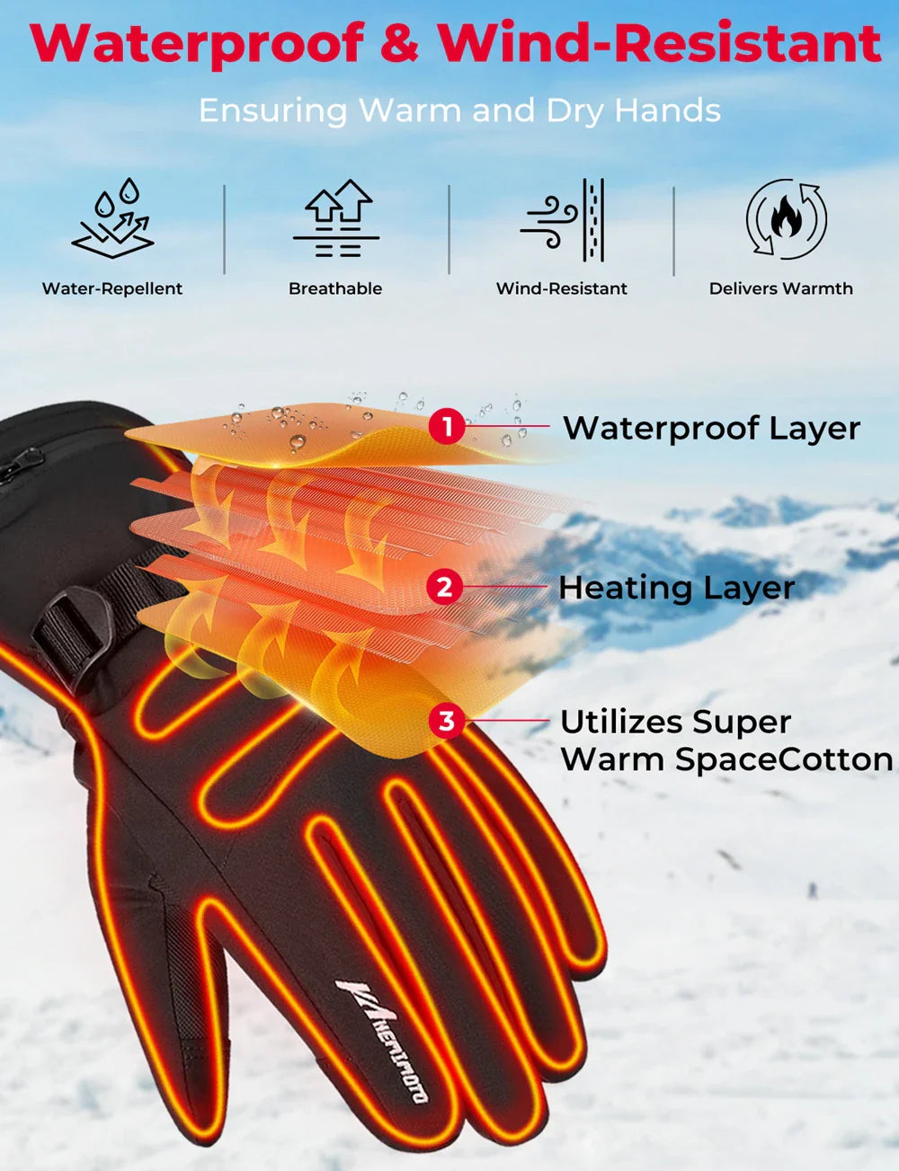 KEMIMOTO Heated Gloves Winter Snowmobile Scooter Moto Skiing Gloves Waterproof Touch Screen Rechargeable Battery Hunting Fishing