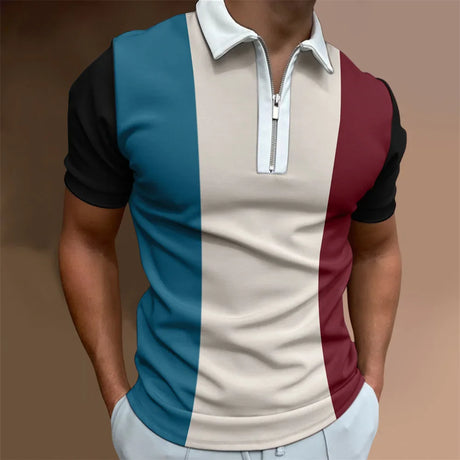 Men's Solid Color Striped Polo Shirt Short Sleeve Golf Turn-down Collar Zipper Polo Shirt&for Men Casual Streetwear Summer Tops