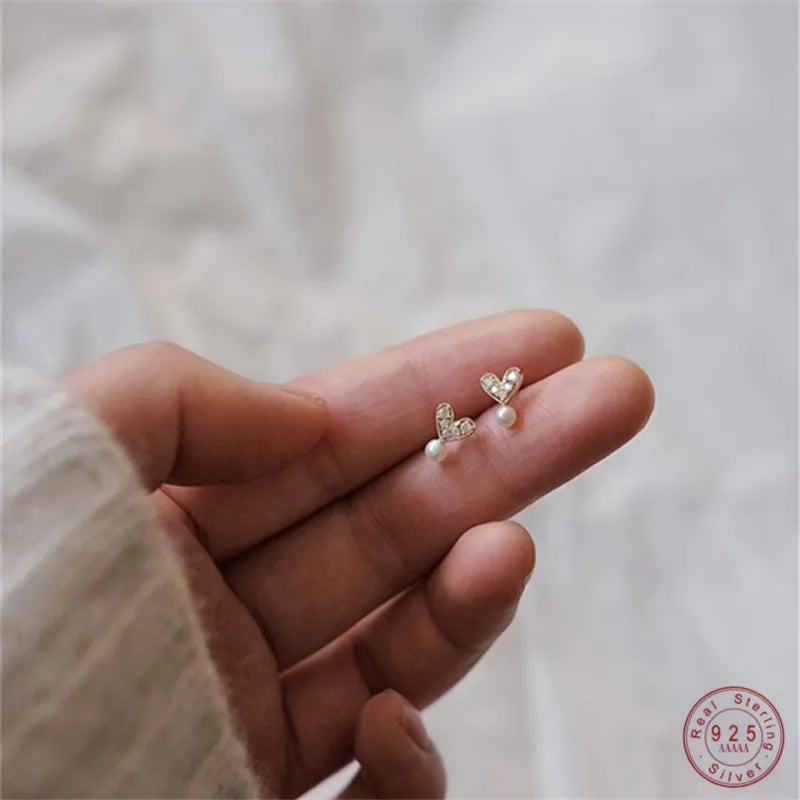 925 Sterling Silver 14k Gold Plated Stud Earrings Mock Pearl Zircon Heart Earrings for Women Elegant Temperament Jewelry