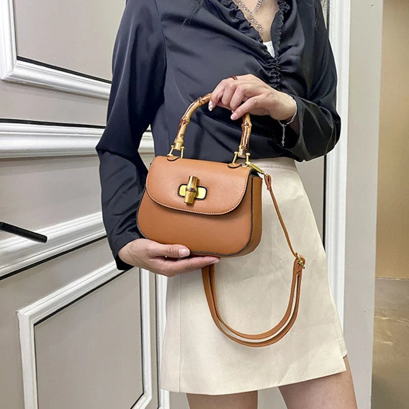 Fashion Bamboo Handle Handbags Designer Women Shoulder Bags Luxury Pu Leather Crossbody Bag Vintage Saddle Small Flap Purse