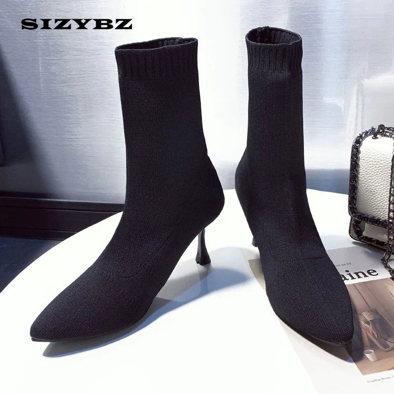 Socks Boots Women Stretch Fabric Elastic Stilettos Heel Sexy Pointed Toe Ankle Boots Slip-On Shoes Woman Thin Heels Party Boats