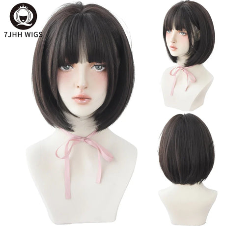 7JHH WIGS Black Short Bob Wig for Girl Daily Wear Synthetic Wig New Style Natural Supple Summer  Heatresistant Wig With Bangs