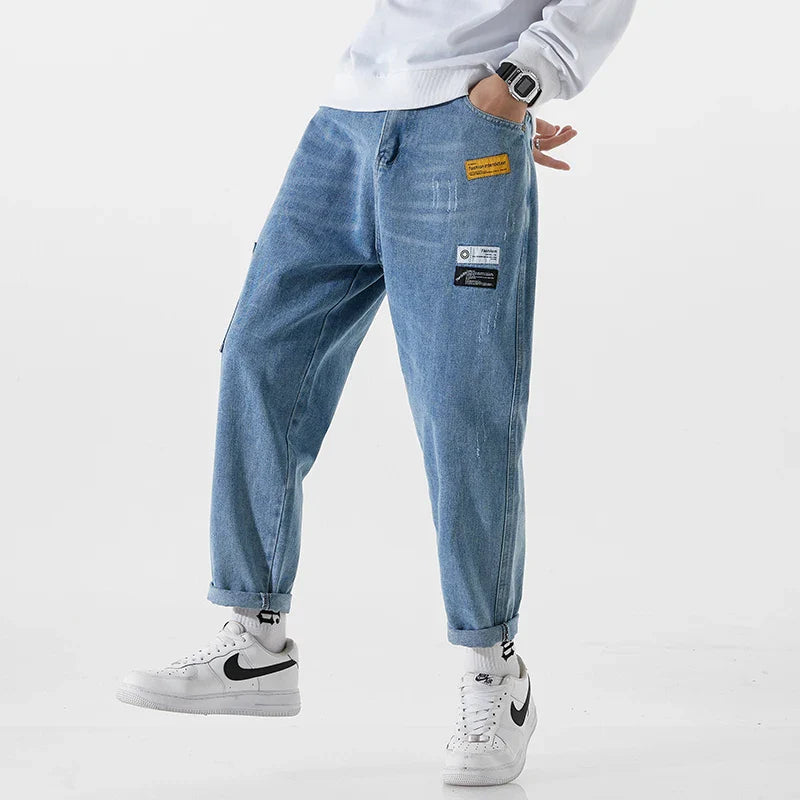 2023 New Korean Fashion Men's Jeans Classic Man Straight Denim Wide-leg Pants Solid Color Bagy Light Blue Grey Black 3XL