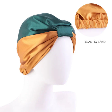 Women Stretch Silk Imitation Nightcap Fashion Color Contrast Knotted Headband Hat Double-layer Hair Care Hat Cancer Chemo Cap