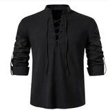 2023 New Men's V-neck shirt T-shirt Fashion Vintage Thin Long Sleeve Top men Casual Breathable Viking Front Lace Up man Shirts