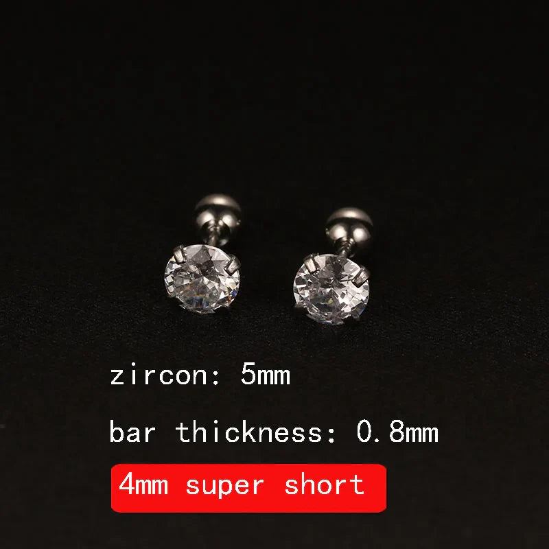 2PCS 4mm Short Ear Studs Earring Outside Upper Helix Earrings Titanium Steel CZ Crystal 3mm 4mm 5mm Mix Colors 0.8mm 20G Screw