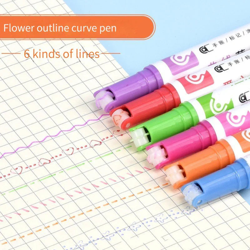 1/6Pcs/set Kawaii Flowers Line Shaped Highlighter Pens Roller Tip Curve Liner Marker for Writing Journaling Drawing Stationery