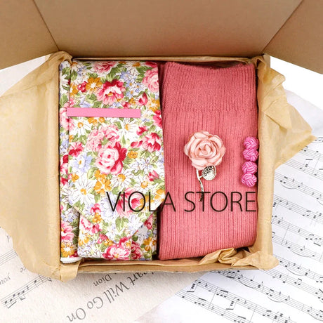 Viola Design 6PCS Gift Box Floral Solid Cotton Sock Tie Sets Clip Pin Cufflinks Hankie Men Wedding Party Daily Cravat Accessory