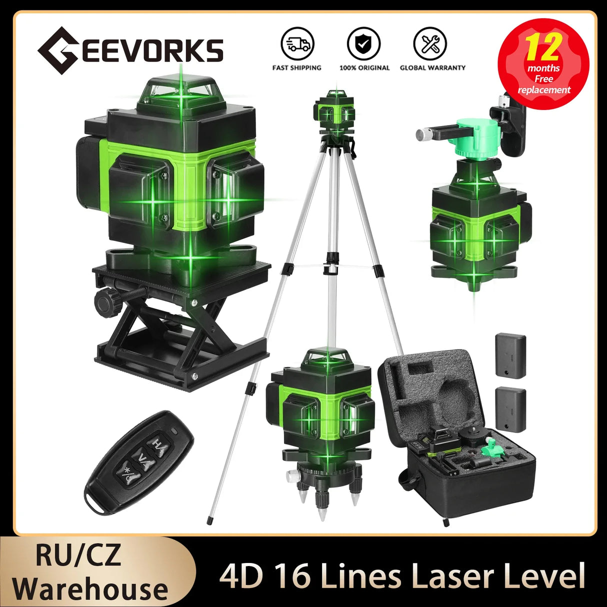 4D 16 Lines Laser Level Machine 3° Self-leveling Machine USB Rechargeable Lithium Battery Leveling Tool High Power Green Laser