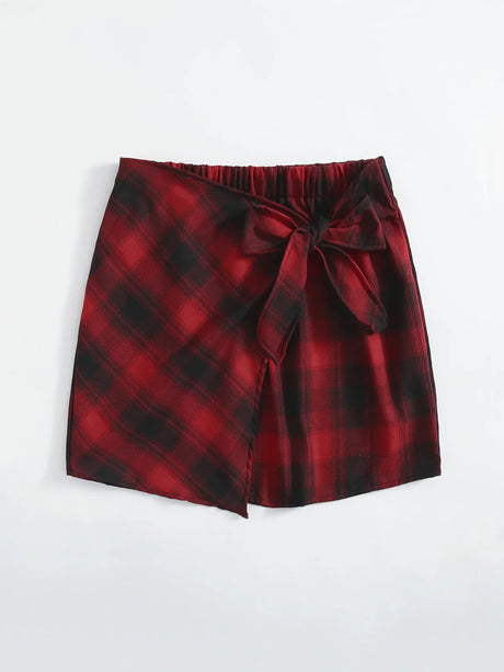 Plus Size Elastic Waist Summer Spring Casual Bandage Plaid Skirt Women Bow Front Vintage Checked Mini Skirt Plus Size Bottoms