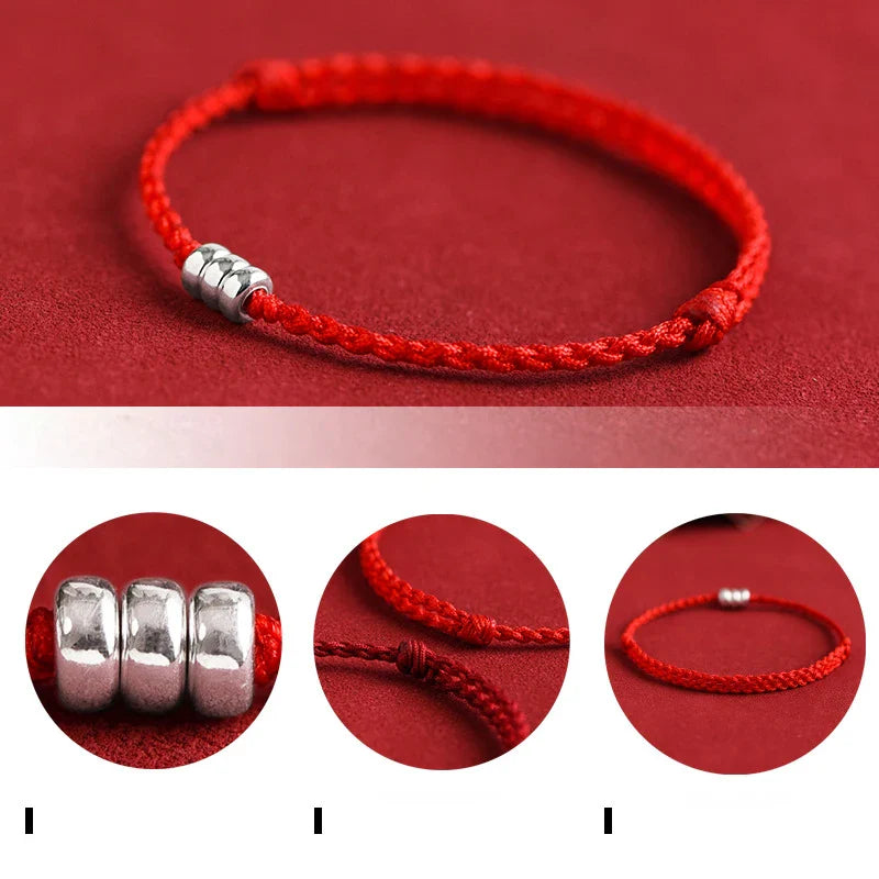 Fit 13-18cm 925 Silver Rope Bracelets Women Round Circle Beads Red Thread Line String Bracelets For Women Girls Men