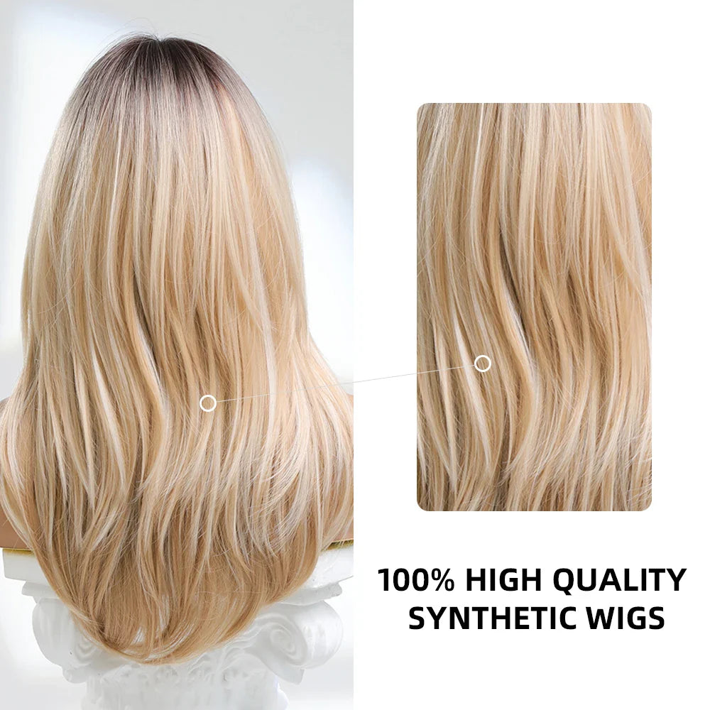 Layered Synthetic Wigs Black Blonde Ombre Highlight White Wig with Bangs Shoulder Length Hair for Women Daily Use Heat Resistant