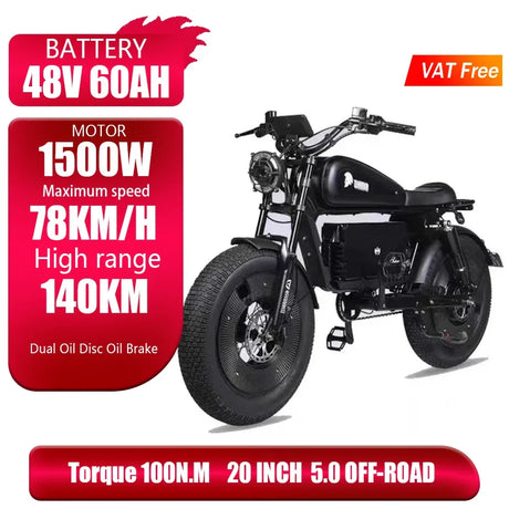 ZPW Black Warrior 1500W Motorbikes 48V 60AH Ebike Adult Road Electric Bicycle 20 inch Off-road Fat Tyre Electric Bike 2000w