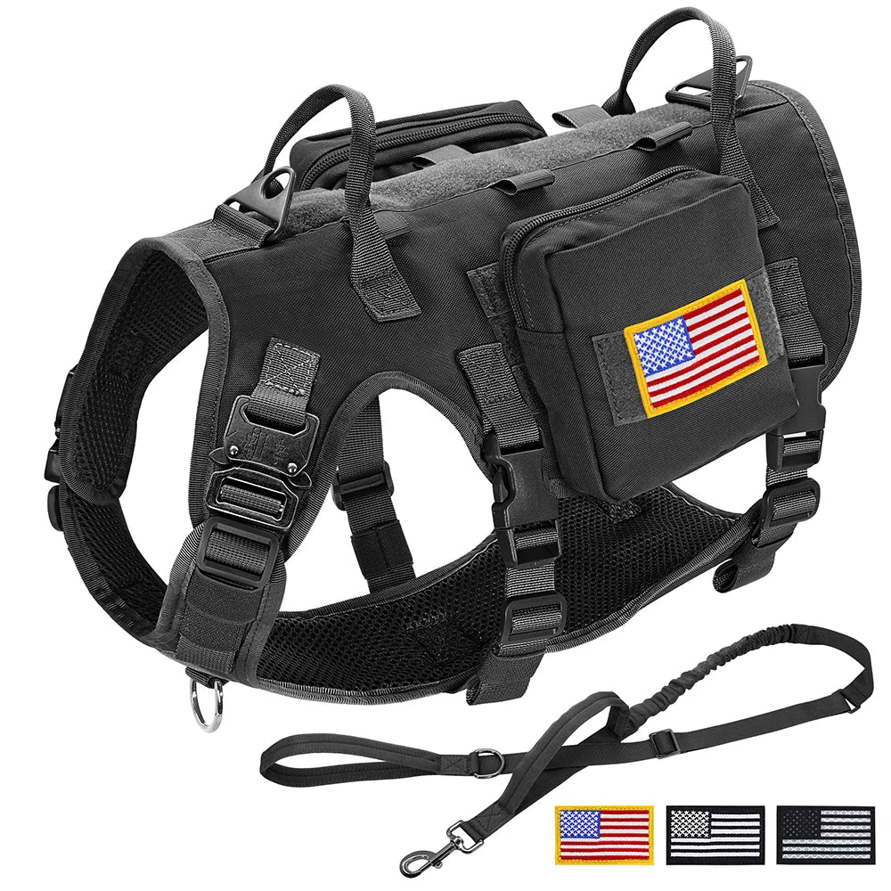 Tactical Military Dog Harness Collar Leash Set Durable Big Dog Training Harness Vest MOLLE For Large Dogs With Pouches Flag