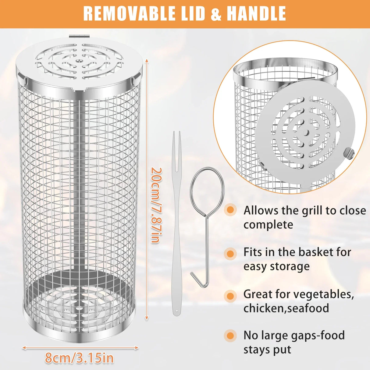 Stainless Steel BBQ Grill Basket Set Cylinder Barbecue Grate Camping Picnic Cookware for Grilling Vegetables Meat Fish Seafood