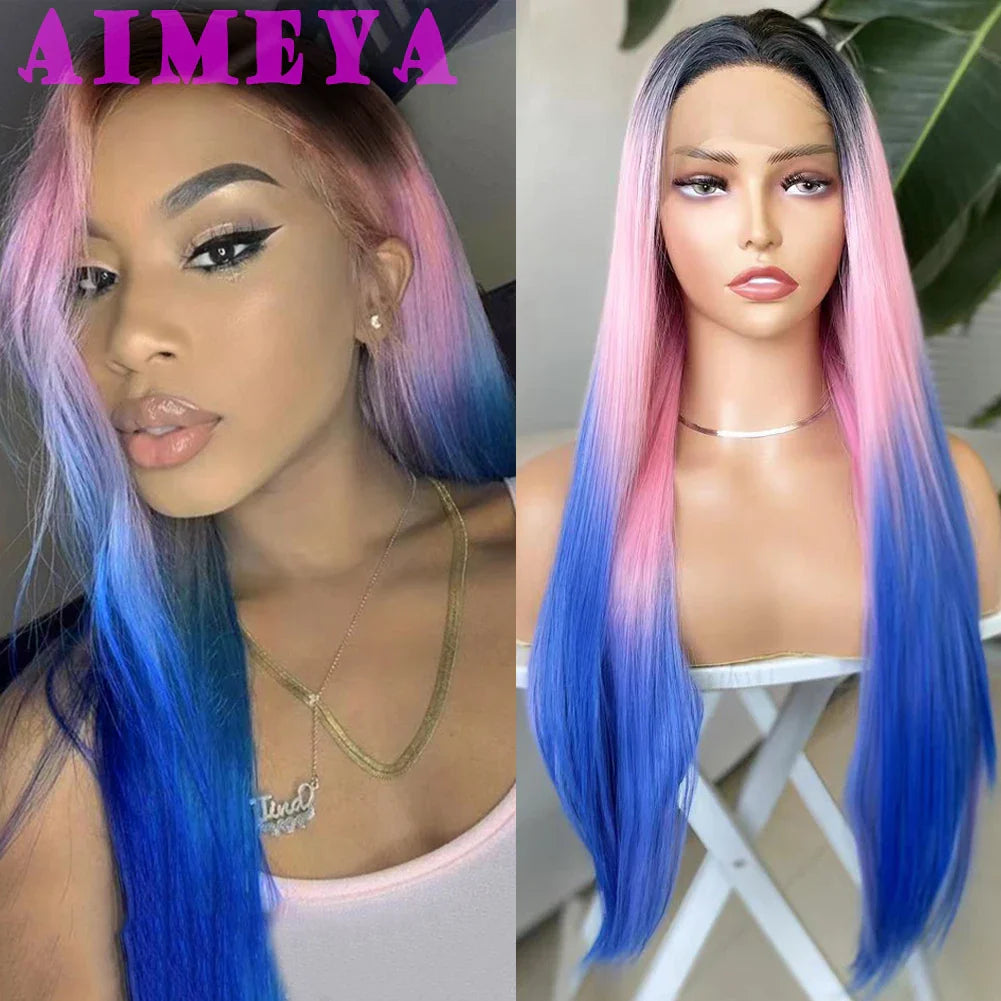 AIMEYA Ombre Blue Synthetic Lace Front Wigs for Women Dark Roots Pink Blue Wig Long Silky Straight Colorful Wigs Ombre Pink Wig