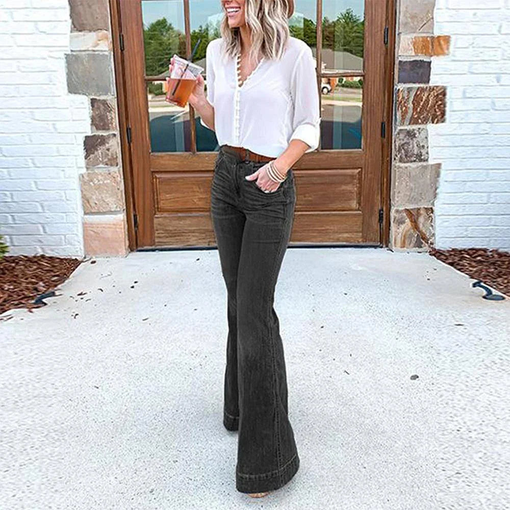 Women's Casual High Waist Jeans Wide Leg Denim Pant Flared Bell Bottom Trousers Ladies Fashion Flower Legging Clothing Plus Size