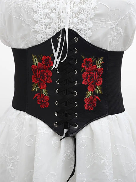 Women's Corset Belt Gothic Fashion PU Flower Embroidery Cummerbunds Female Slimming Waist Band Vintage Black Wide Belt for Girl