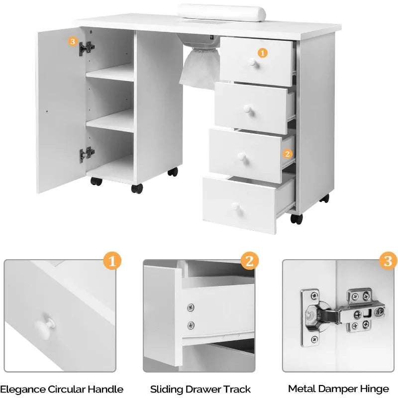 Manicure Table Nail Desk for Nail Tech, Nail Table Beauty Salon Tech Station W/Electric Downdraft Vent, Lockable Wheels