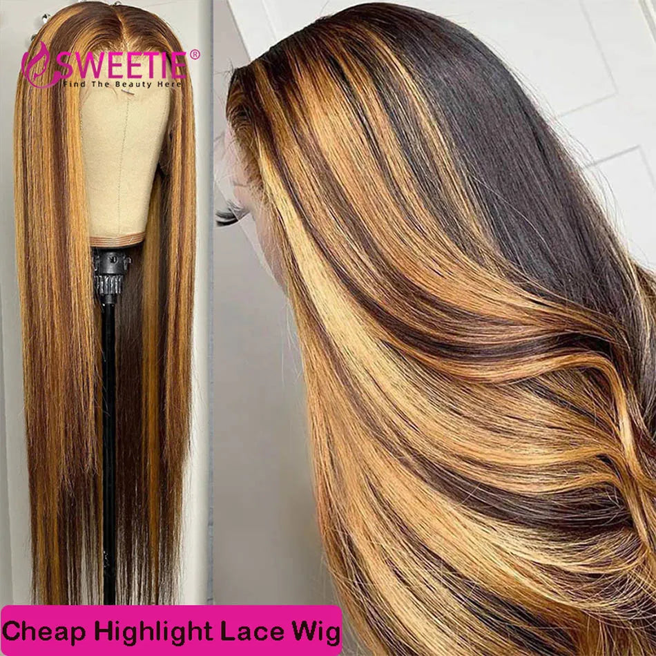 34Inch Bone Straight Highlight Lace Front Human Hair 4/27 Ombre 13x6 Lace Frontal Wigs 13x4 Honey Blonde Colored Wigs For Women