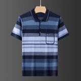 Male Clothes Casual Short Sleeve Polo-Neck Shirt 2023 Summer Fashionable Pockets Spliced Korean Striped Shirt T-shirt for Men