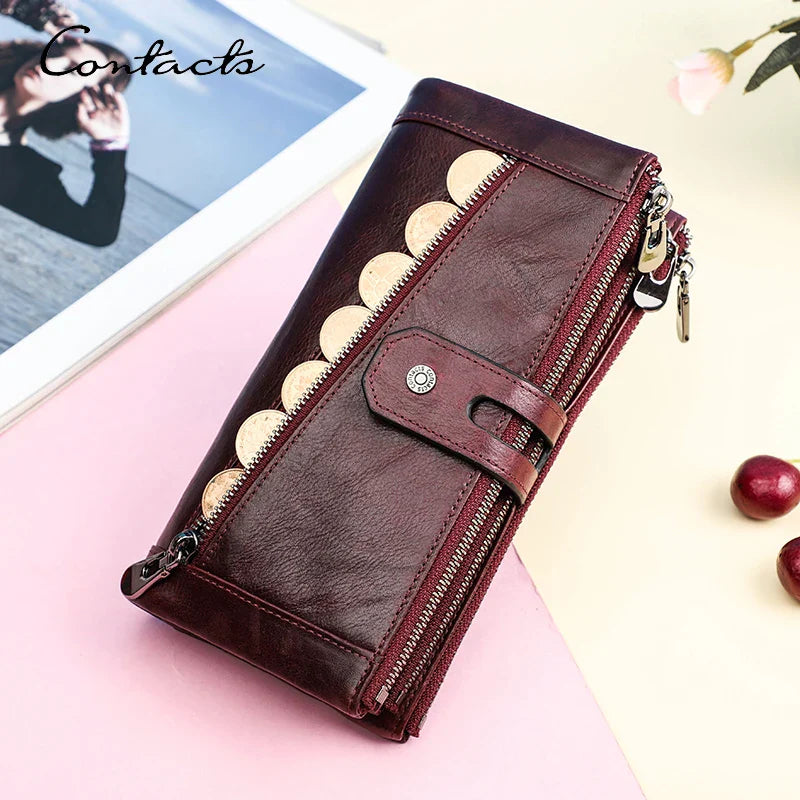 CONTACT'S Genuine Leather Long Women Wallets Luxury Designer Card Holder Coin Purse Money Clip Phone Pocket Unisex Men Wallets