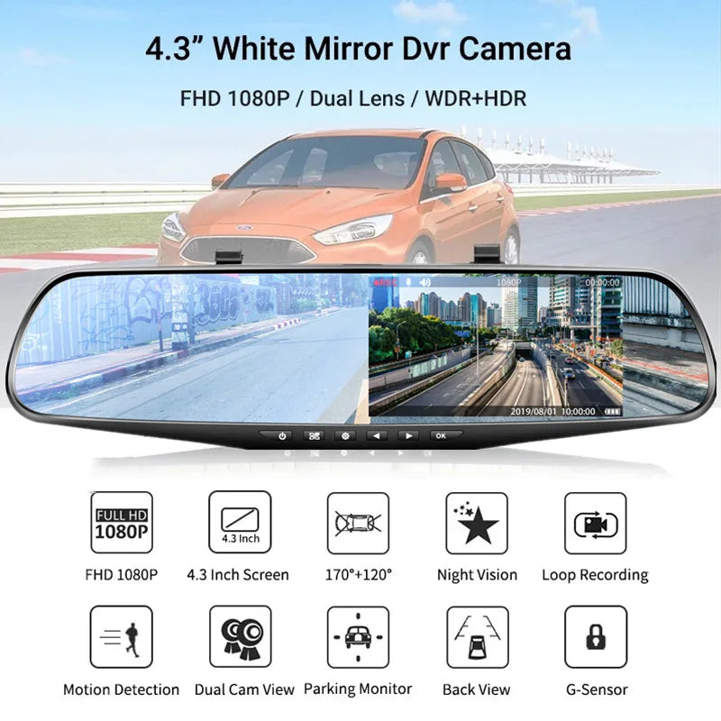 4.3 Inch Driving Recorder Car DVR Rearview Mirror Dual Lens Car Recorder 1080P IPS Front and Rear Camera Registrar Black Box New