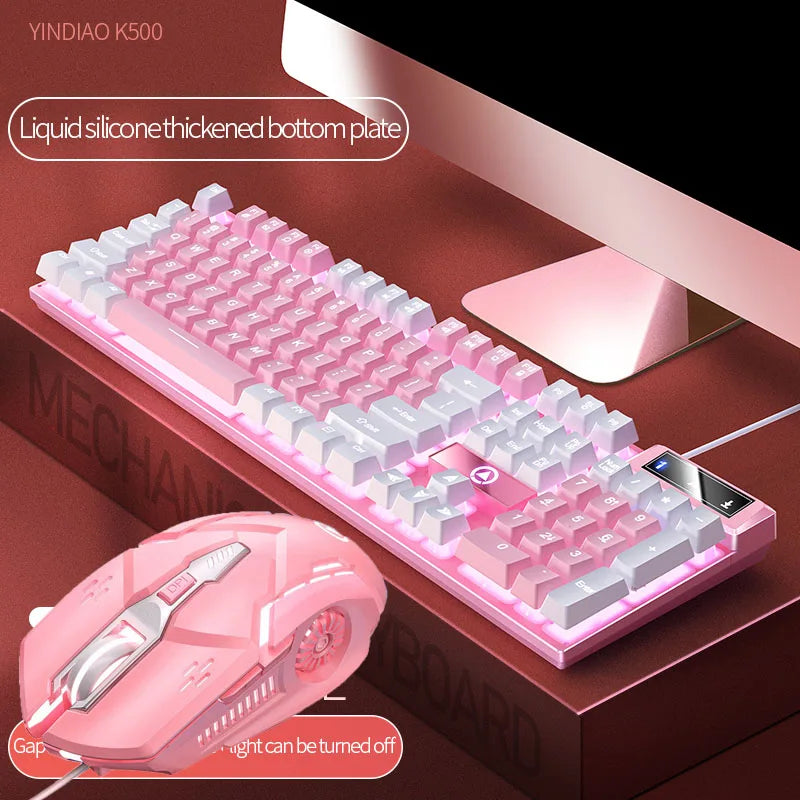 Pink Keyboard and Mouse Set 2 in 1 Combos Wired 104 Keys Pink Keyboard with LED Backlit and 1600DPI Mouse with RGB Backlit