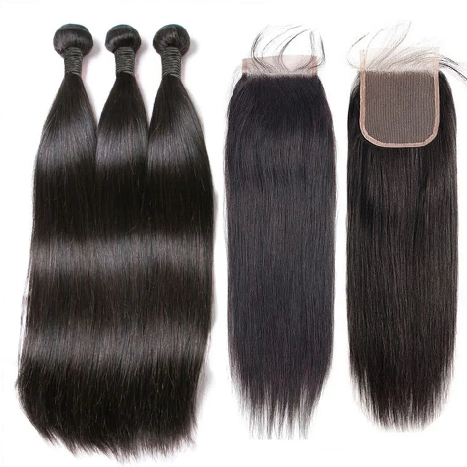 Bone Straight Bundles With Closure Brazilian Hair Weave Bundles With Closure 30 Inch Naturel Hair Bundles with Lace Frontal Hair