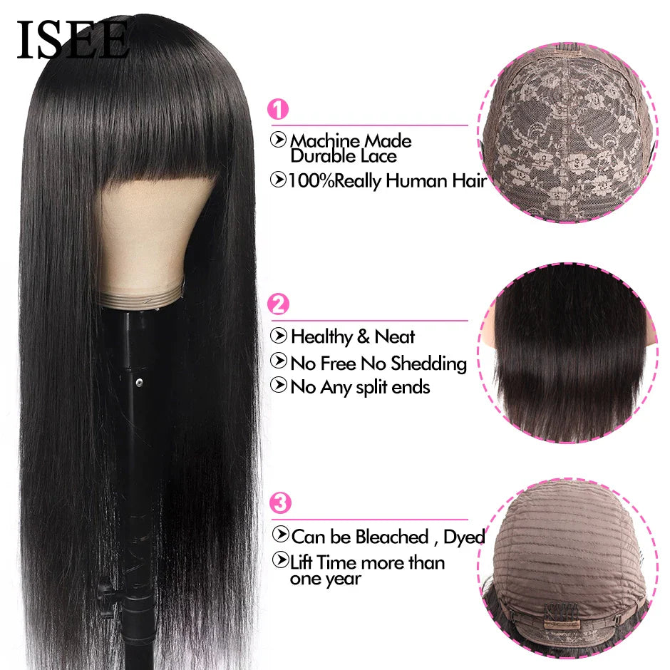 ISEEHAIR Machine Made Sew In Wig Human Hair Straight Wig  Malaysian Straight Wig with Bang Natural Color For Women Glueless Wigs