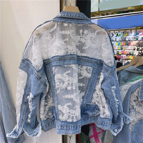 Chaquetas Mujer Summer Streetwear Embroidery Lace Patchwork Sexy Denim Jacket Women Frayed Tassel Loose Korea Blue Jean Coat 3XL