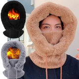 Thicken Fleece one-piece Hat Women Knitted Fluffy Cap Scarf Mask Set Hood Winter Warm Outdoor Ski Windproof Plush Beanies Bonnet