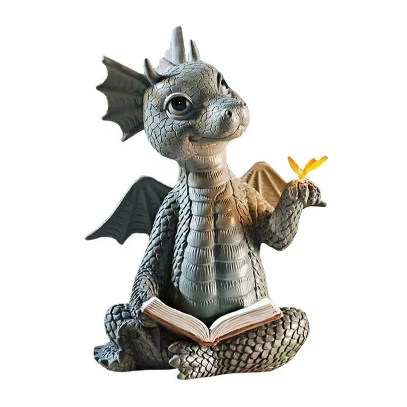 1pc NEW Cute Little Dragon Dinosaur Meditation Reading Book Sculpture Figure Garden Home Decoration Resin Ornament Outdoor Decor