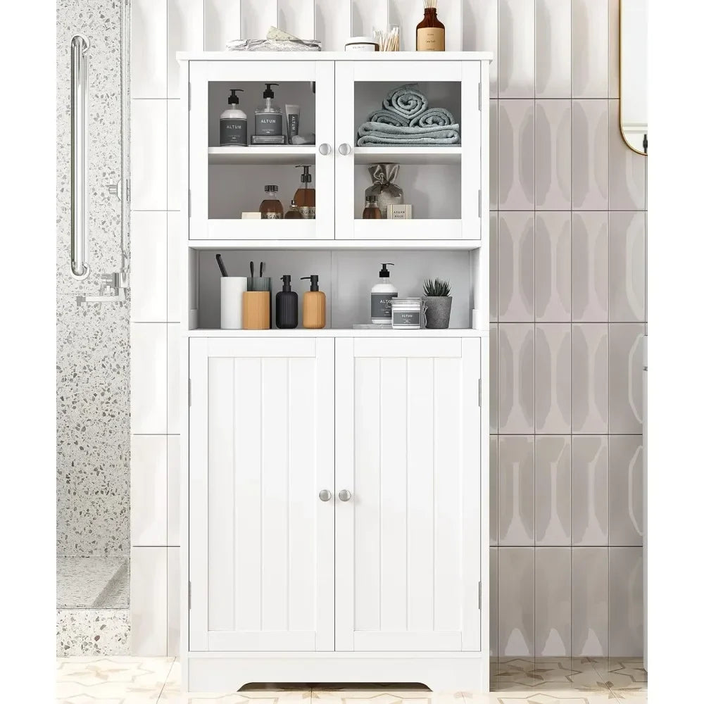 Bathroom cabinet, independent floor standing cabinet with open shelves, large display cabinet with doors, bathroom cabinet