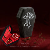 TAIMY Gothic Velvet Jewelry Coffin Shape Ring Necklace Storage Box Logo Custom Display Packaging Case Travel Hip Hop Rap Boxes