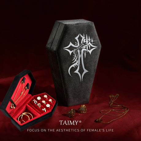 TAIMY Gothic Velvet Jewelry Coffin Shape Ring Necklace Storage Box Logo Custom Display Packaging Case Travel Hip Hop Rap Boxes