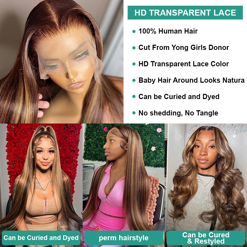 Melodie 250% HD 30 40 Inch Highlight Ombre Straight 13x6 Lace Front Wigs Human Hair 13x4 Lace Frontal For Black Women