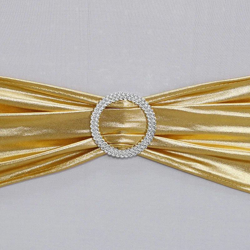 10pcs/50pcs Metallic Gold Silver Stretch Spandex Chair Bow Sash Band With Round Buckle For Banquet Event Wedding Chair Sash Tie