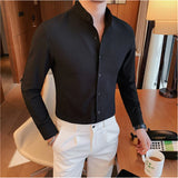 Men Long-sleeved Business Formal Social Dress Shirt Fall Pure Stand Collar Party Club Casual Shirt Men's Brand Slim Tuxedo Shirt