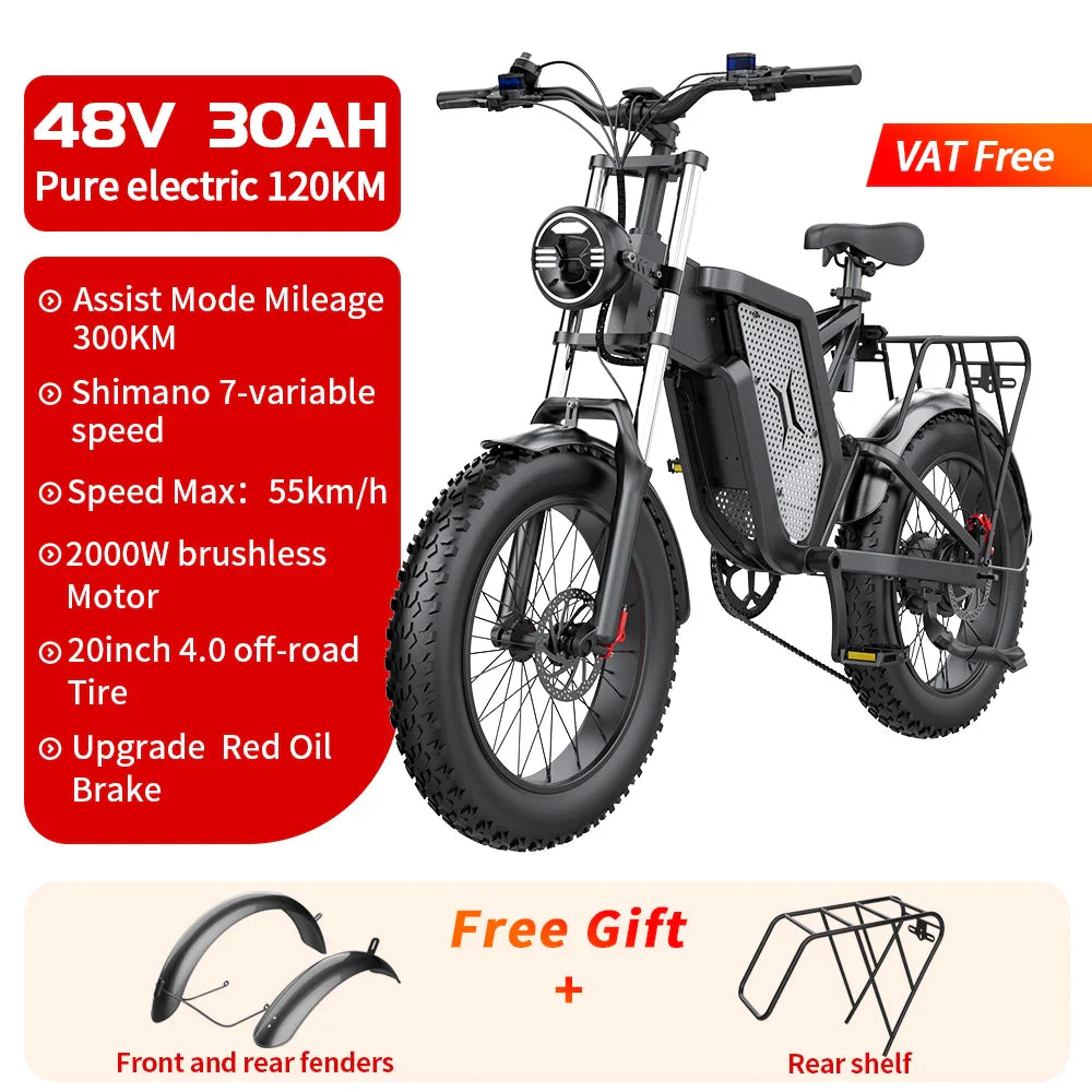 EKX X20 Electric Bike 2000W 48V 30AH Battery Ebike Front Rear Shock Absorption Mountaineering Off-road 55kmh Snow Cycling Ebikes