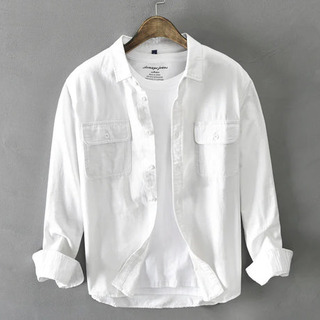 HIQOR New Mens Vintage Shirt Male Lone Sleeve Cargo Shirts 100% Cotton Casual Solid Shirt Male Pocket Work Shirt Man Clothing